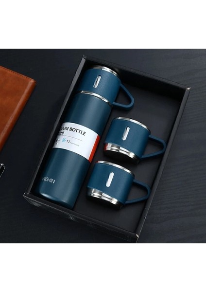 Paslanmaz Çelik Termos 4 Renk Seçeneği 3 Bardaklı Termos Seti Vakumlu Termos Set Çanta Hediyeli 350-