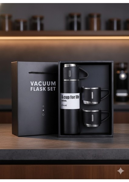 Çelik Termos 500ML 3 Bardaklı A+ Kalite Kahve Termosu Kamp Termosu Seti Çantalı Hediye