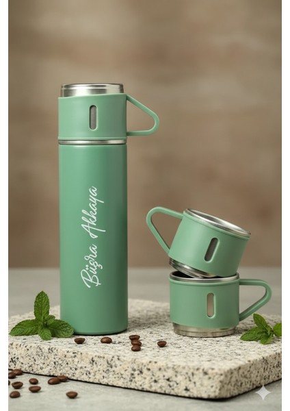 A+ Kalite 3 Bardaklı Çelik Termos 500ML Sıcak Tutan Kahve Çay Termosu Çanta Hediye