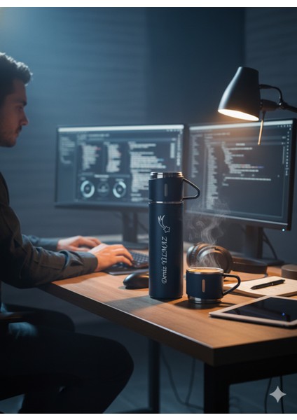 Kişiye Özel 3 Bardaklı Çelik Termos 0,50 L Içecek Paslanmaz Çelik Yeşil 12 Saat