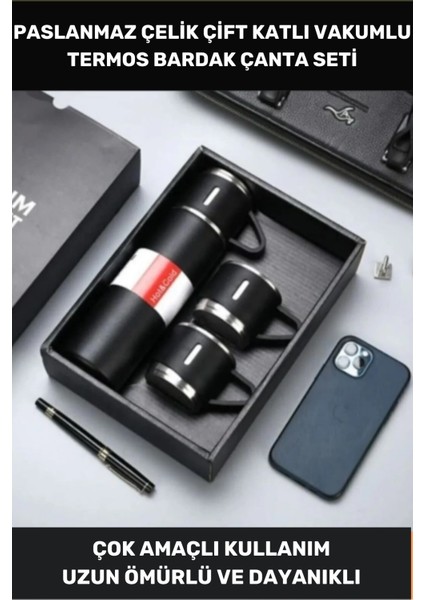 Özel Üretim Paslanmaz Çift Kat Çelik 3 Bardaklı Vakumlu Soğuk Sıcak Çanta Hediyeli Termos Set 550 ml