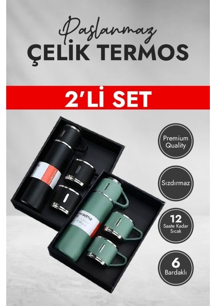Paslanmaz Çelik Termos Siyah Renk 3 Bardaklı Termos Seti Vakumlu Termos Set Çanta Hediyeli >550 ml P