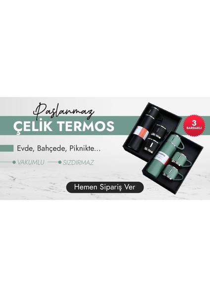 Paslanmaz Çelik Termos Siyah Renk 3 Bardaklı Termos Seti Vakumlu Termos Set Çanta Hediyeli >550 ml P fiyatları