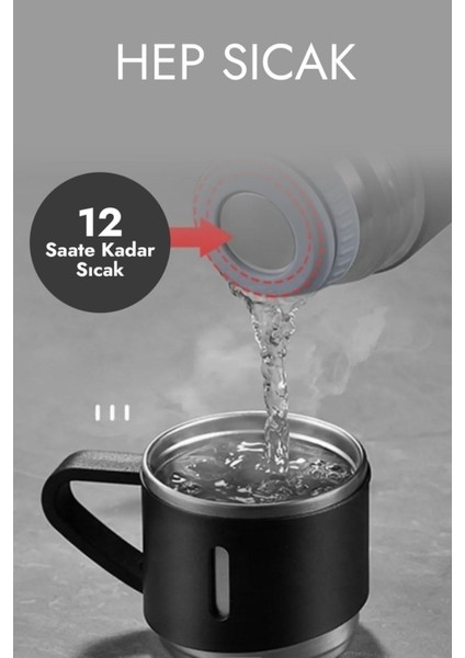 Paslanmaz Çelik Termos Siyah Renk 3 Bardaklı Termos Seti Vakumlu Termos Set Çanta Hediyeli >550 ml P modelleri