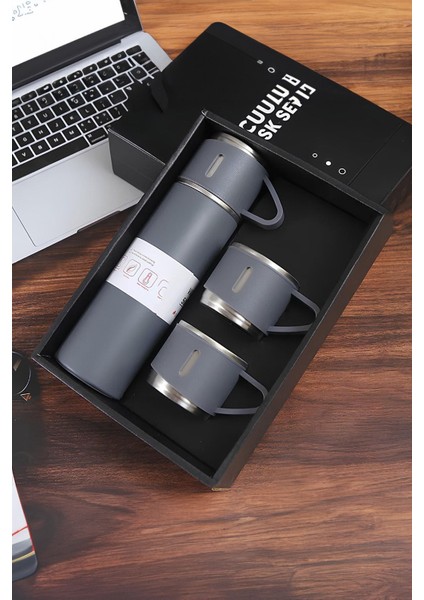 Çelik 3 Bardaklı Termos Fincan Seti Vakumlu Kamp Seti 12 Saat Sıcak 12 Saat Soğuk Kalabilen Termos I