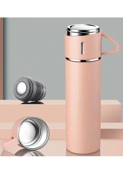 Paslanmaz Çelik Termos Siyah, Bej ve Yeşil Renk 3 Bardaklı Termos Seti ve Set Çantası Yeşil Çelik Tr