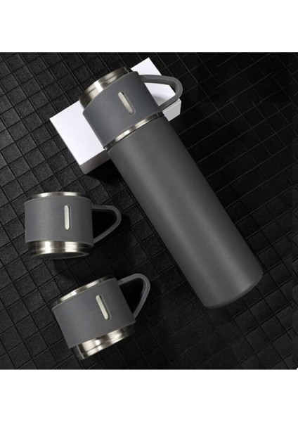 Paslanmaz Çelik Termos Sızdırmaz Yeşil 3 Bardaklı Termos Seti 12 Saat Sıcak-Soğuk 500 ml Özel Kutulu