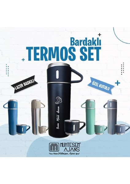 Paslanmaz Çelik Termos Siyah, Bej ve Yeşil Renk 3 Bardaklı Termos Seti ve Set Çantası Bej Çelik Tr