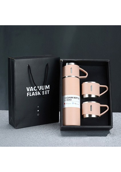 500 ml Termos 3 Bardaklı Paslanmaz Çelik Kahve Termosu Sıcak Tutan Termos Çantalı Hediye