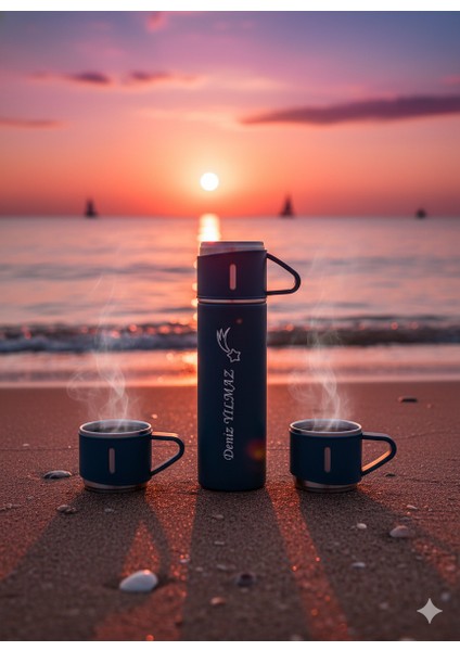 A+ Kalite Çelik Termos 500ML 3 Bardaklı Set Kahve Termosu Sıcak Tutan Termos Çanta Hediye