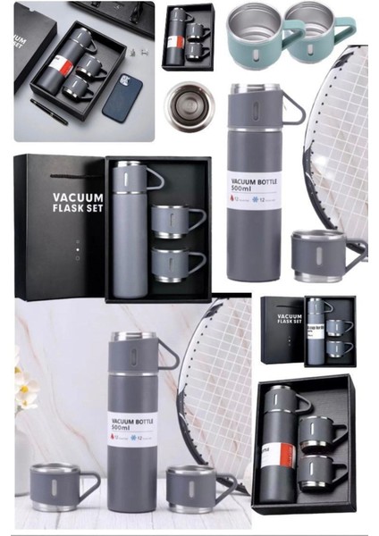 Kamp Piknik Için Ideal 3 Bardaklı 500ML Termos Sıcak ve Soğuk Tutan Kahve Çay Içecek Termosu Çelik I