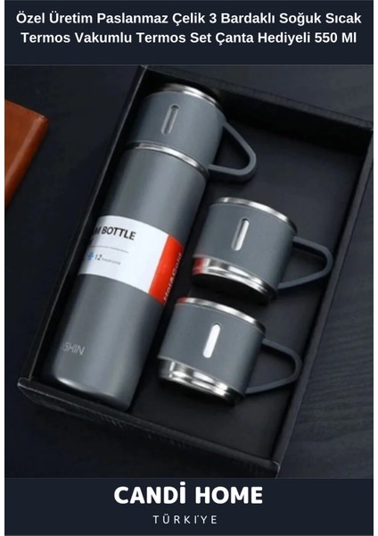 Çantalı 500ML 3 Adet Bardaklı Çelik Termos Seti (K0) 0,50 L Çelik Çok Renkli