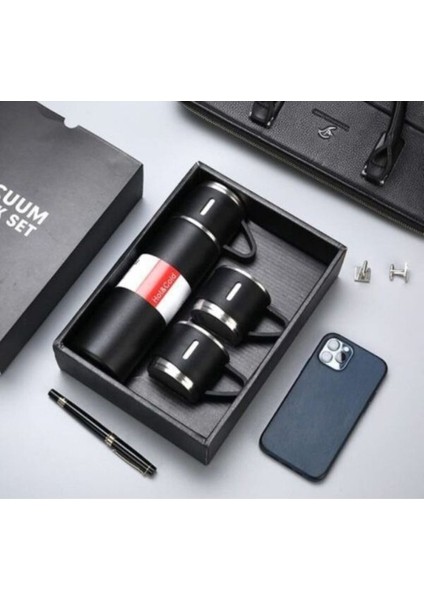 Paslanmaz Çelik Termos Gri Renk 3 Bardaklı Termos Seti Vakumlu Termos Set 500 ml Içecek 500 ml Pasla