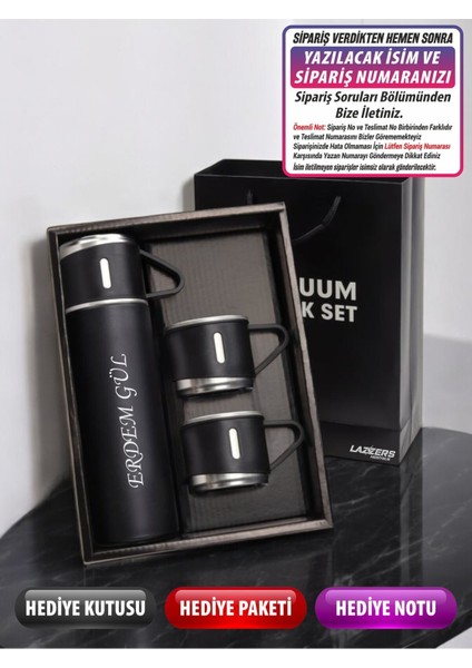 Kişiye Özel Isimli Çelik Hediyelik 3 Bardaklı Çantalı Termos Seti 500 ml Paslanmaz Çelik Gümüş 12 Sa
