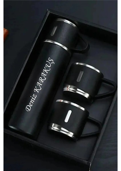 Kişiye Özel Paslanmaz Çelik Termos 3 Bardaklı Termos Seti, Çanta Hediyeli Içecek 500 ml Paslanmaz Çe