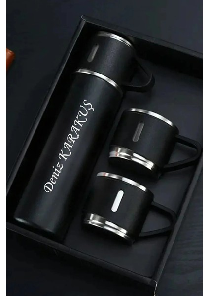 Kişiye Özel Paslanmaz Çelik Termos 3 Bardaklı Termos Seti, Çanta Hediyeli Içecek 500 ml Paslanmaz Çe