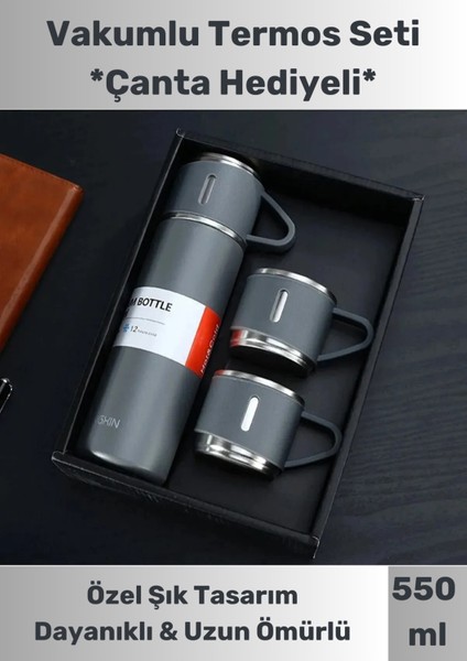Özel Tasarım Paslanmaz Çelik 3 Bardaklı Termos Soğuk Sıcak Vakumlu Set Çanta Hediyeli 550 ml 450-550
