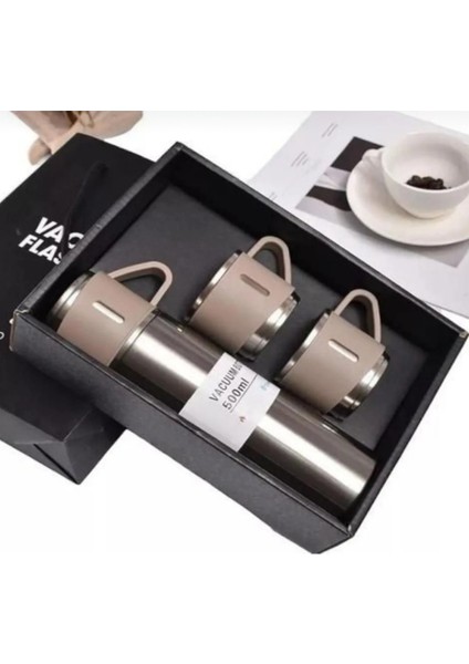 Çantalı 500ML 3 Parça Bardaklı Çelik Termos Seti (4614) >550 ml Çelik Çok Renkli