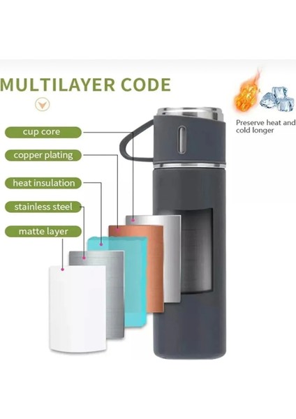 Çantalı 500ML 3 Parça Bardaklı Çelik Termos Seti (4614) >550 ml Çelik Çok Renkli modelleri