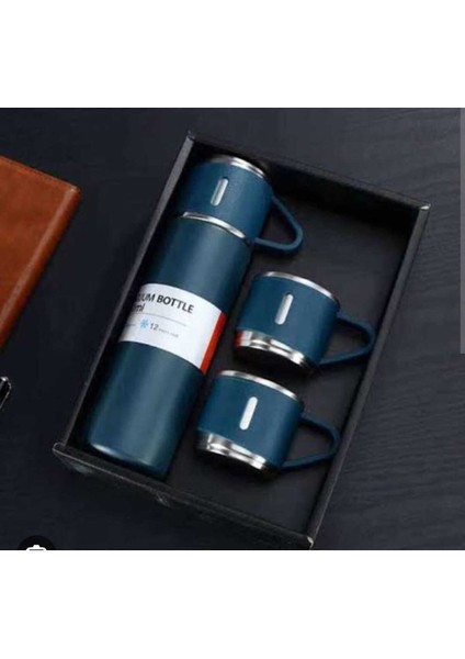 Paslanmaz Çelik 3 Bardaklı Termos Seti Özel Kutulu Yeşil Çelik