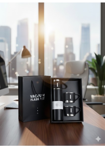 Çantalı 500ML 3 Parça Bardaklı Çelik Termos Seti (4886) >550 ml Çelik Siyah