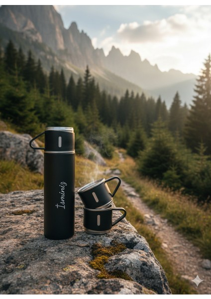 500 ml Termos Seti 3 Bardaklı A+ Kalite Paslanmaz Çelik Kahve Çay Termosu Hediye Çantalı