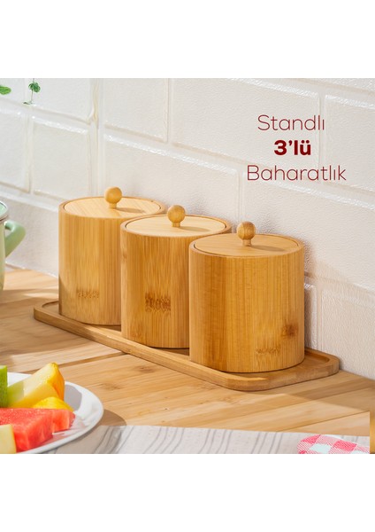 PBT-604 Bambu Çok Amaçlı Standlı Saklama Kabı Organizer 4 Parça Baharat Seti