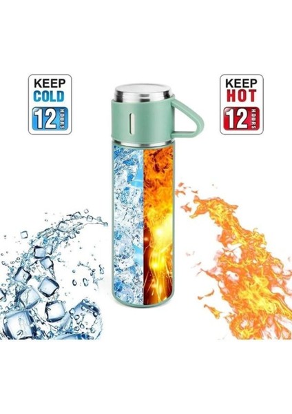 Paslanmaz Çelik Termos Gri Renk 3 Bardaklı Termos Seti Vakumlu Termos Set 500 ml Içecek 500 ml Pasla fırsatları