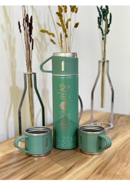 Kişiye Özel Isim ve Baskılı Logolu 3 Bardaklı Set Vakumlu Termos Içecek 500 ml Paslanmaz Çelik Mavi modelleri