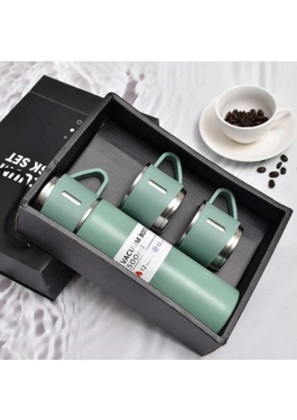 Paslanmaz Çelik Termos 3 Bardaklı Termos Seti Vakumlu Termos Set 450-550 ml Çelik Bej