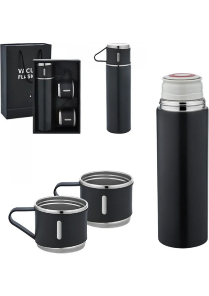 Vacuum Bottle Paslanmaz Çelik Termos 3 Bardaklı 500 ml Kutulu Sızdırmaz Set Içecek 500 ml Paslanmaz
