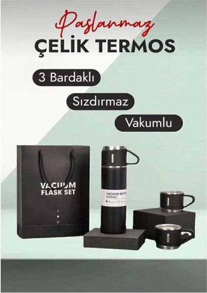 Paslanmaz Çelik Termos 3 Bardaklı Termos Seti Vakumlu Termos Set Çanta Hediyeli Içecek 500 ml Paslan indirimleri