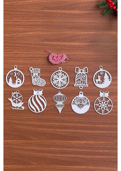 Buffer® 10 Parça Kırmızı Beyaz Ipli Karışık Model Ahşap Yılbaşı Ağaç Süsü