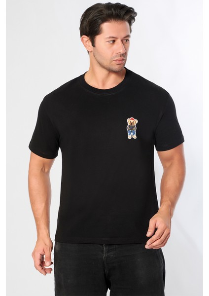 Erkek Oversize Bisiklet Yaka Tişört %100 Pamuk Rahat Kalıp Tedy Ayıcık Detaylı - Günlük Basic Tshirt