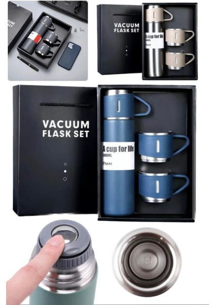 Küçük Termos 500ML 3 Bardaklı Premium Paslanmaz Çelik Kahve Çay Termosu Hediye Çantalı