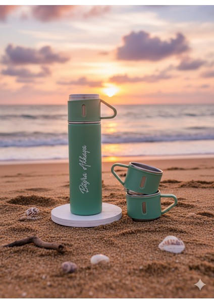 A+ Kalite 500 ml Termos 3 Bardaklı Paslanmaz Çelik Kahve Çay Termosu Çanta Hediyeli