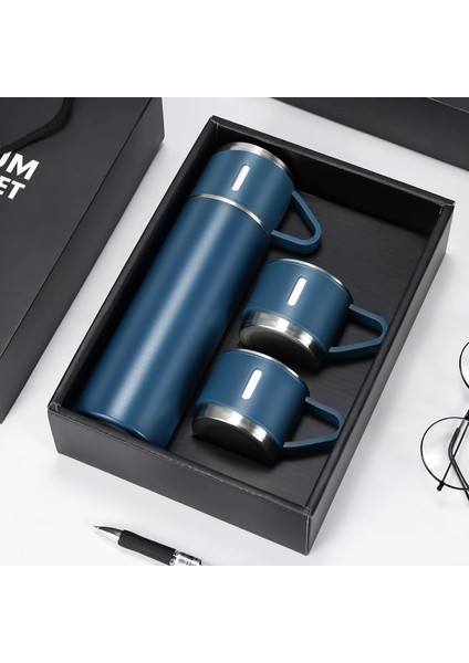 Vip Bardaklı Termos Set 3 Kişilik Metal Siyah