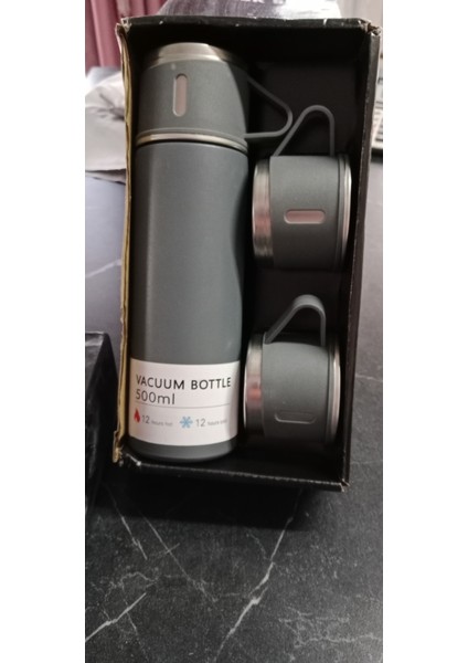 Paslanmaz Çelik 3 Bardaklı Vakumlu Termos Seti 12 Saate Kadar Isı Koruma Özel Kutusunda 500 ml Içece