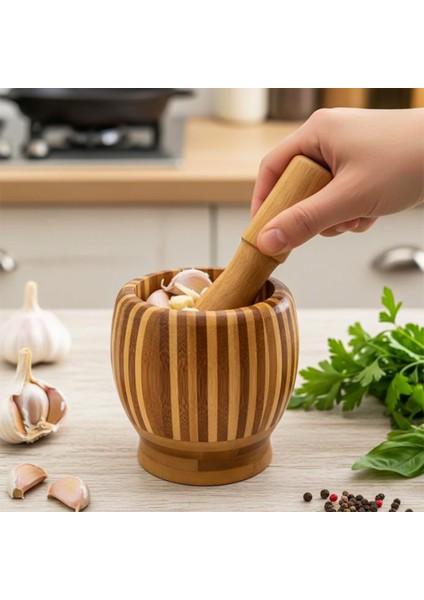 PBT-409 Doğal Bambu Havan - Sarımsak Döveceği Ahşap Sarımsak Ezici Havan Döveç