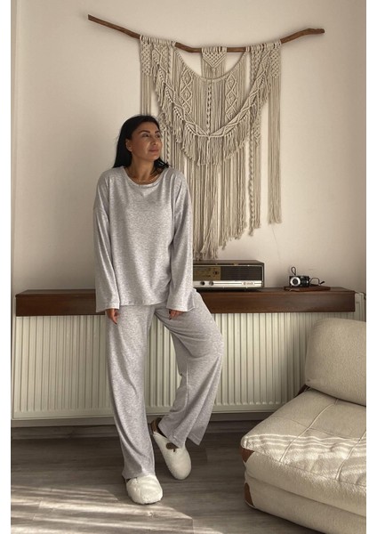 Bisiklet Yaka Gri Oversize Penye Takım