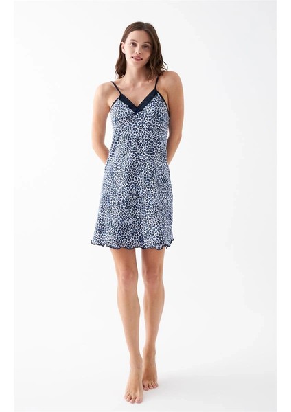 Kadın Mavi Leopar Desenli Dantel Detaylı Ip Askılı Gecelik fiyatları