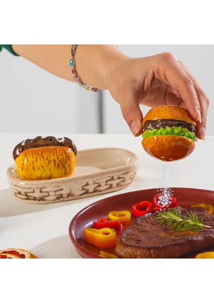 MIO-038 Hamburger Motifli 2li Standlı Tuzluk Biberlik Seti
