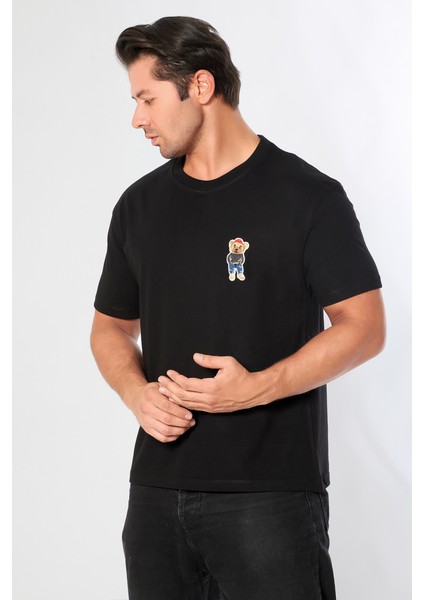 Erkek Oversize Bisiklet Yaka Tişört %100 Pamuk Rahat Kalıp Tedy Ayıcık Detaylı - Günlük Basic Tshirt fiyatları
