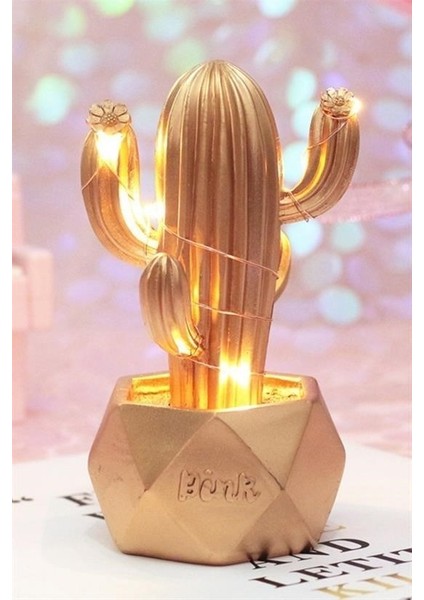 Buffer® LED Işıklı Sevimli Kaktüs Dekoratif Masa Lambası Mini Biblo Gece Lambası-Gold