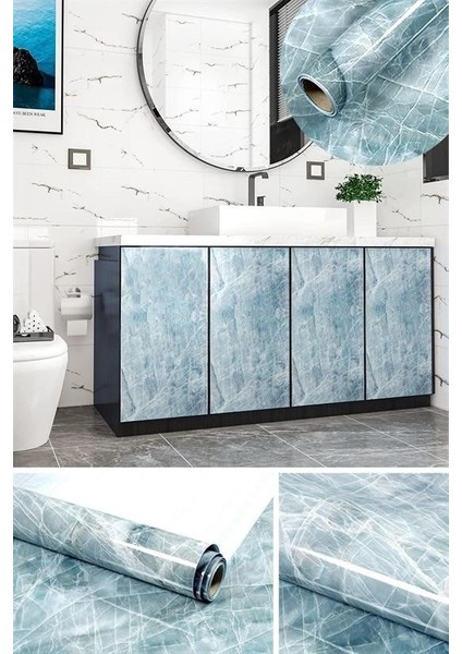 Buffer® Mermer Desenli Masa Tezgah Mutfak Su Geçirmez Yapışkanlı Folyo Sticker Mavi 5x0,6m