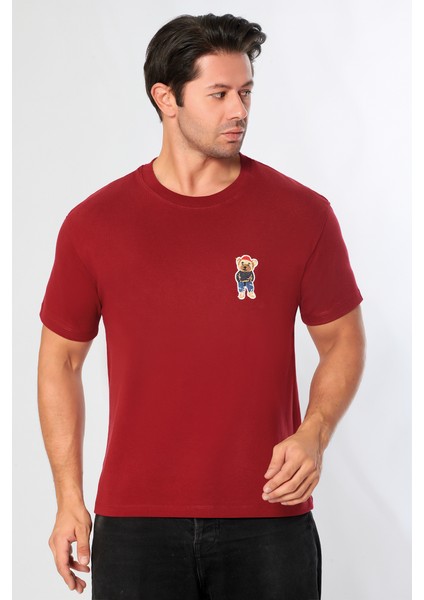 Erkek Oversize Bisiklet Yaka Tişört %100 Pamuk Rahat Kalıp Tedy Ayıcık Detaylı - Günlük Basic Tshirt