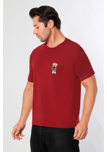 Erkek Oversize Bisiklet Yaka Tişört %100 Pamuk Rahat Kalıp Tedy Ayıcık Detaylı - Günlük Basic Tshirt fiyatları