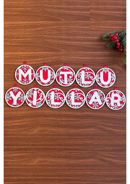 Buffer® 11 Harfli Kırmızı Beyaz Ipli Mutlu Yıllar Yazılı Ahşap Yılbaşı Ağaç Süsü fırsatları
