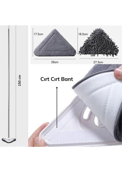 Buffer® Teleskopik Saplı 150 cm Üçgen Mop Cam Duvar Tavan Fayans Parke Temizleyici Mop