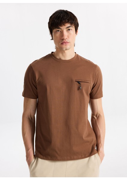 D5WM-TST3860 Açık Kahve Bisiklet Yaka Relaxed Baskılı Erkek T-Shirt